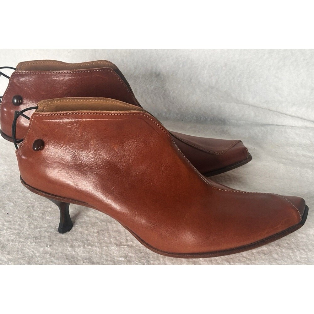 New CYDWOQ Kitten Heel Leather Ankle Booties Womens Size 41 US 10 Cognac Brown